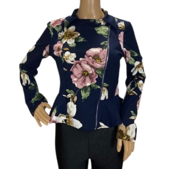 HAVE Navy Floral Stretch Blazer with Asymmetrical Zip - Picture 3 of 6